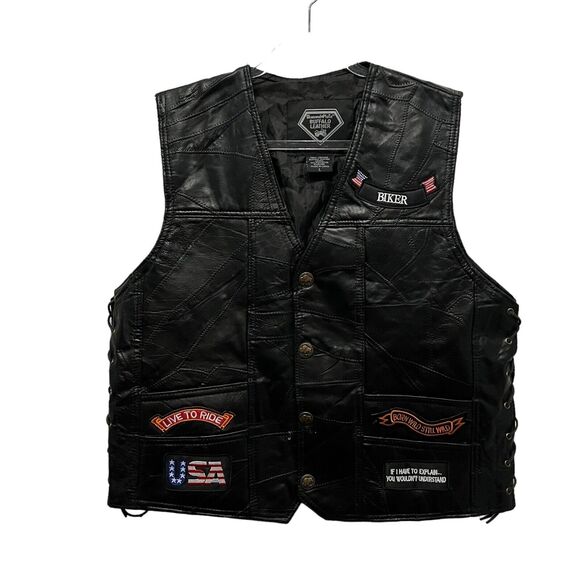 Buffalo Leather Vest Men Size L American Eagle Patches Born Wild Loud Pipes USA - Picture 1 of 16